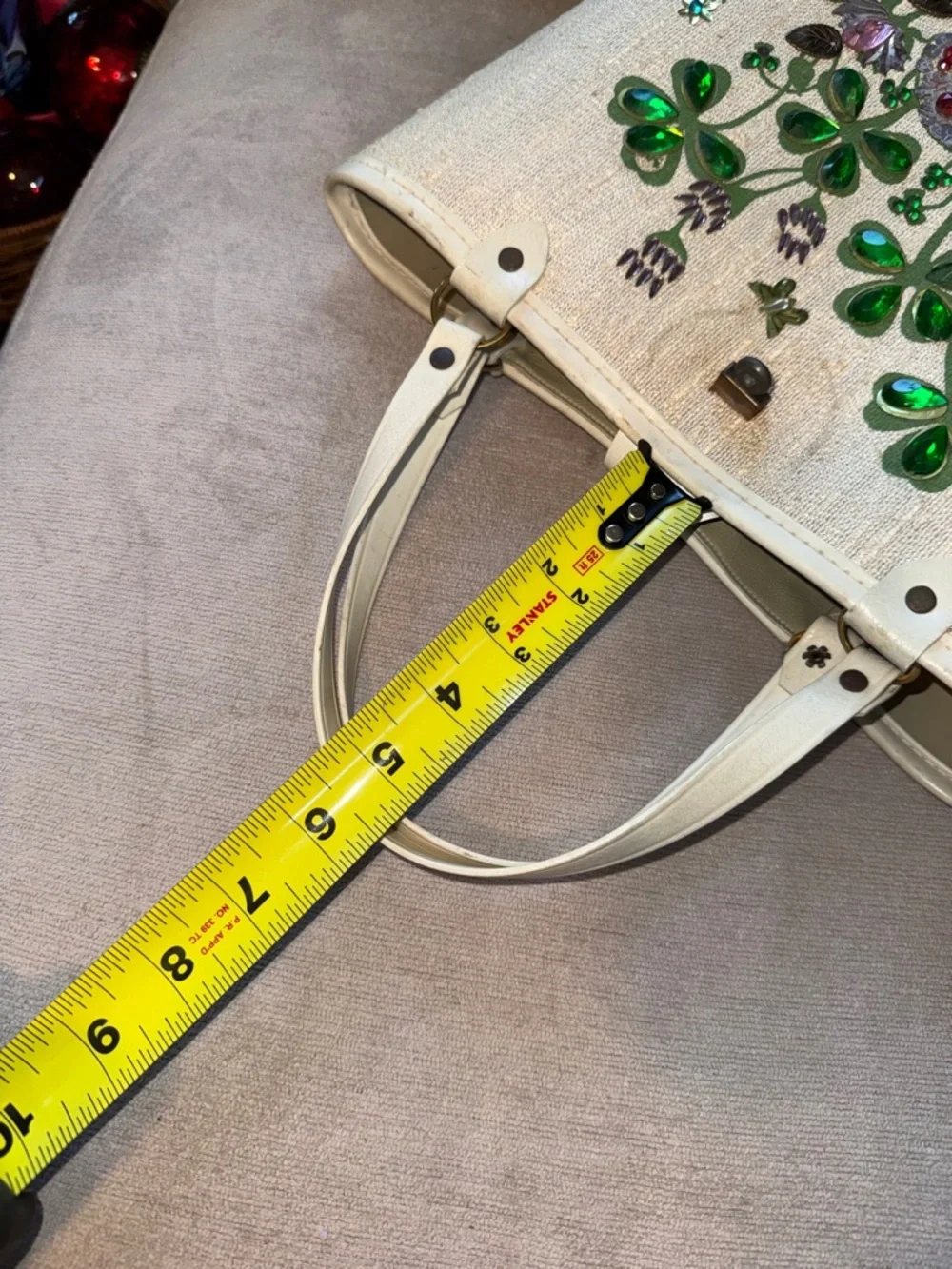 Vintage Cream Tote with Green Floral Appliqué and Jewel Accents - Picture 11 of 12